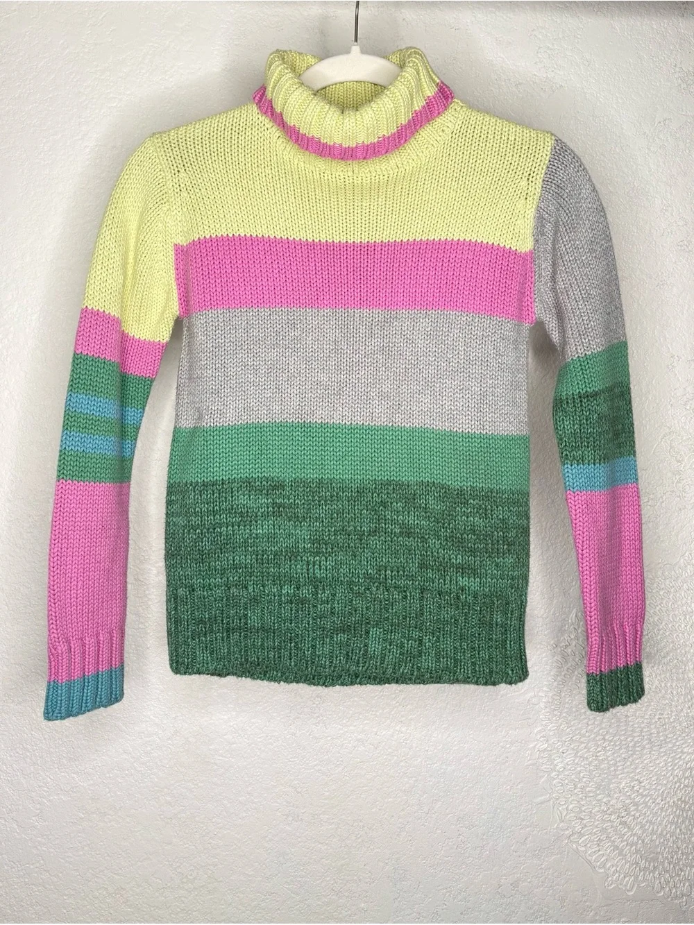 GAP Vintage Colorblock Striped Turtleneck Sweater in Yellow, Pink, Gray & Green